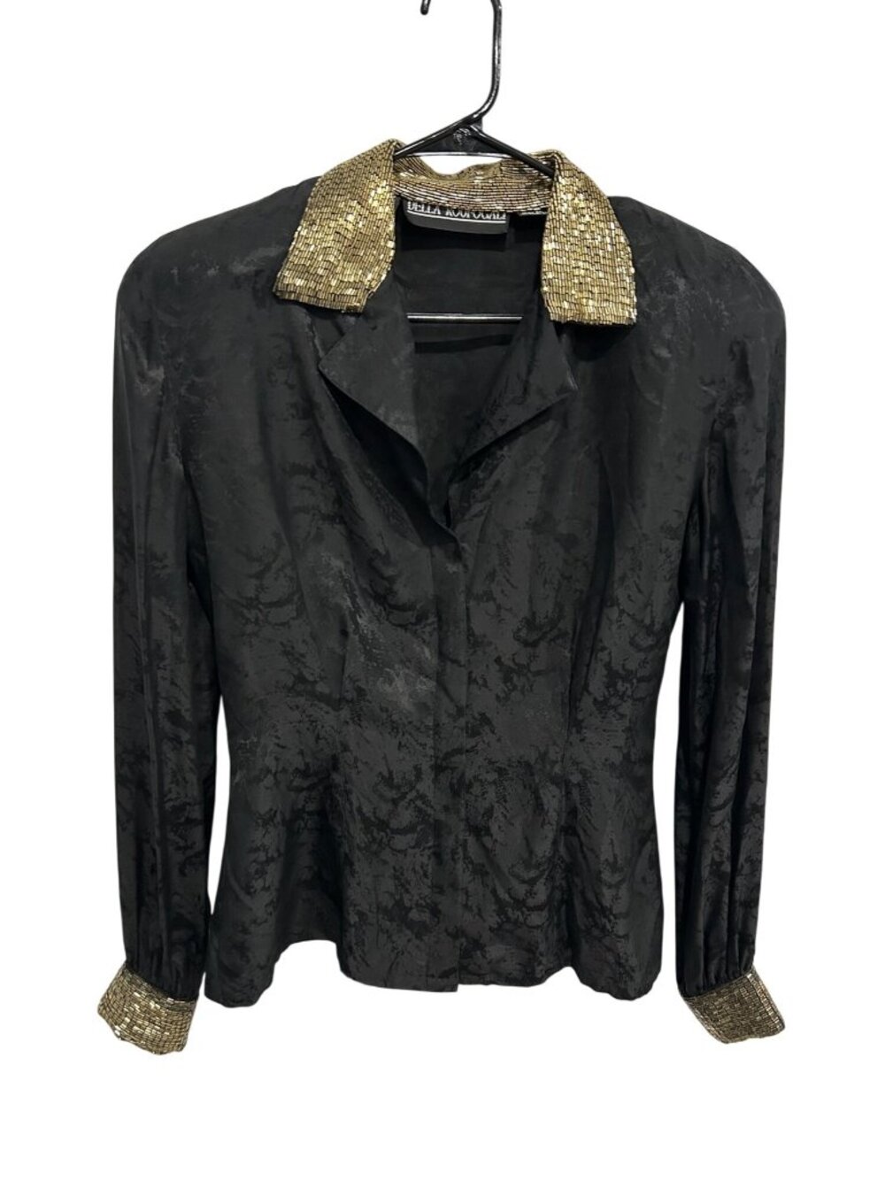 Vintage Della Roufogali Sz 8 Black Silk Gold Beaded Collar Cuffs Blouse Retro